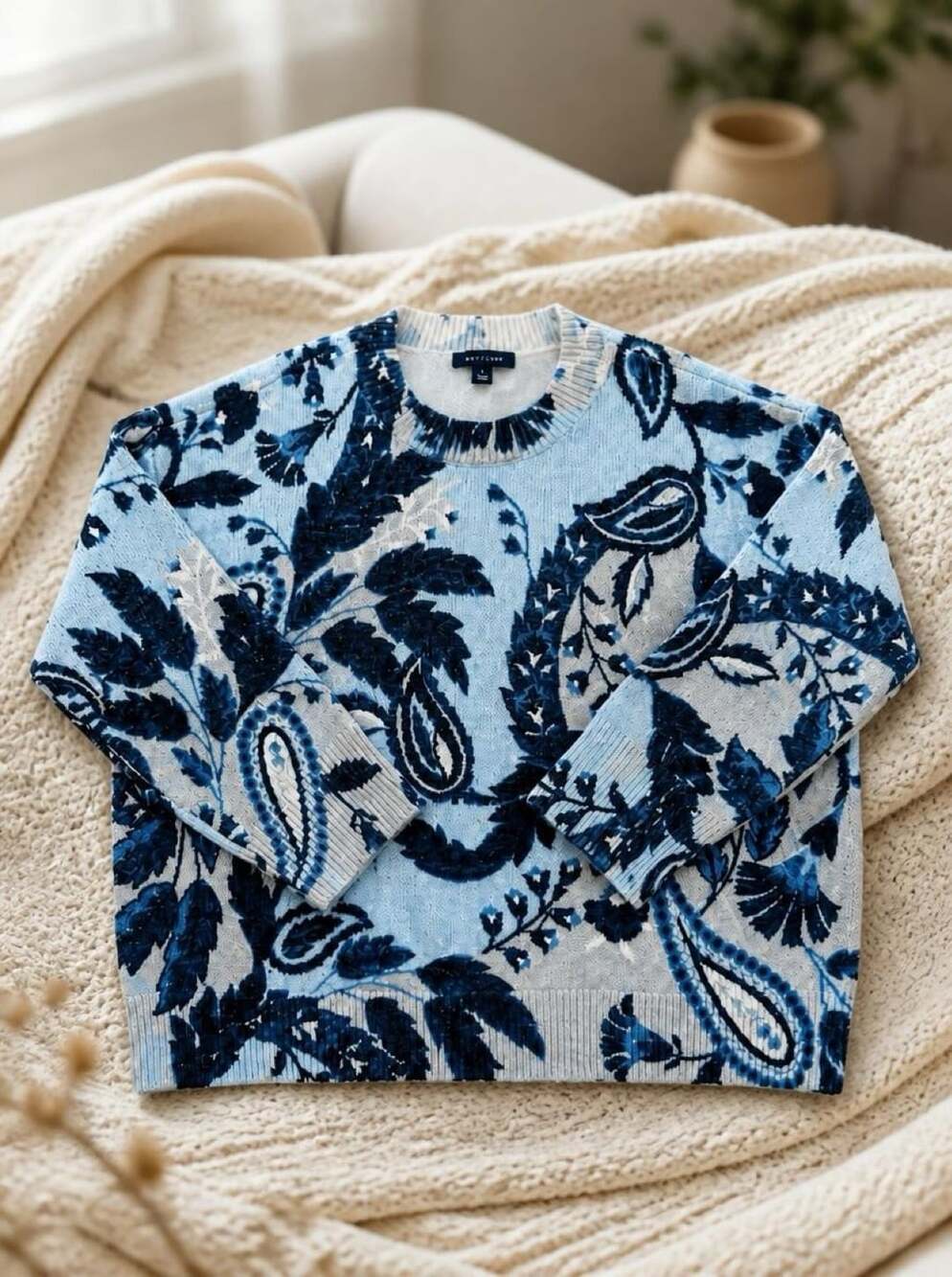 Ann Taylor NWT XL Blue Floral Paisley Crewneck Sweater Cotton Blend